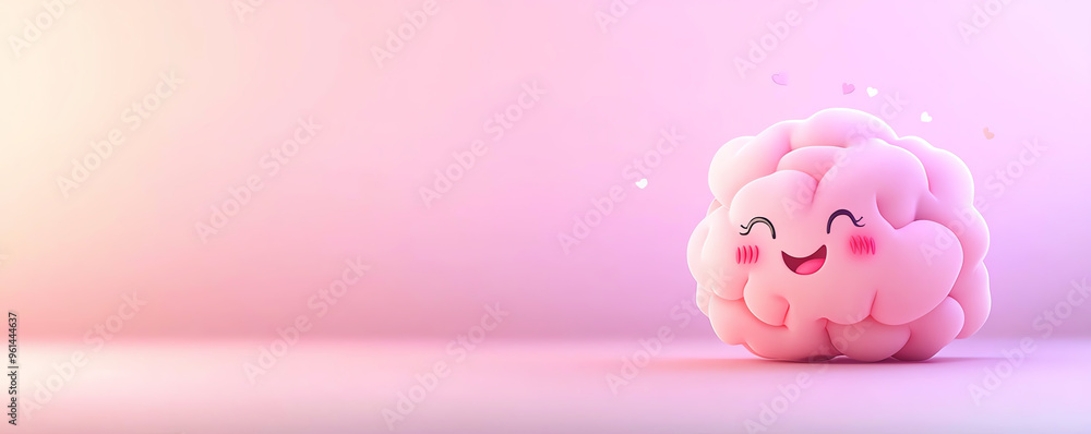 Obraz premium A cute pink brain character smiles in a whimsical, colorful setting, evoking joy and creativity with a playful atmosphere.