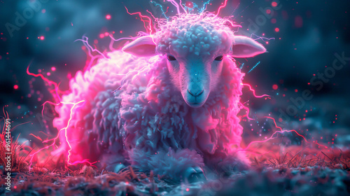 Magical sheep with enchanting electric elements, front view, displaying beautiful compositions, fantasy tone, colored pastel