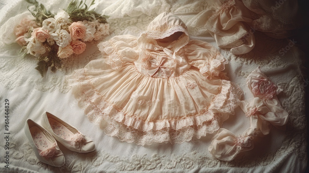A set of baby girl clothes, including a frilly dress, matching bonnet, and tiny ballet shoes, arranged on a soft surface. A set of baby girl clothes, including a frilly dress, matching bonnet, and tiny ballet shoes, arranged on a soft surface.