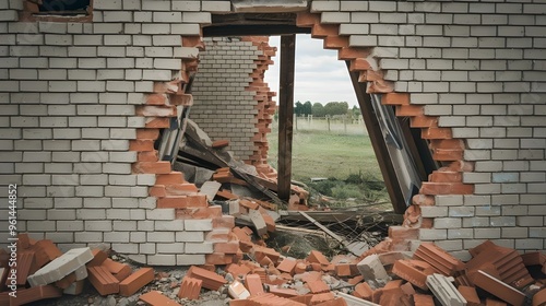 A destroyed brick wall cut out from a building with debris and broken bricks scattered around. The wall has multiple cracks and a large hole in the middle.