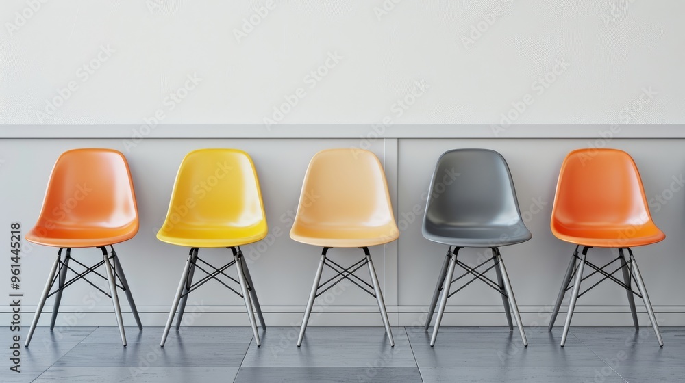 Obraz premium Four chairs in office hallway, with space for personalized text