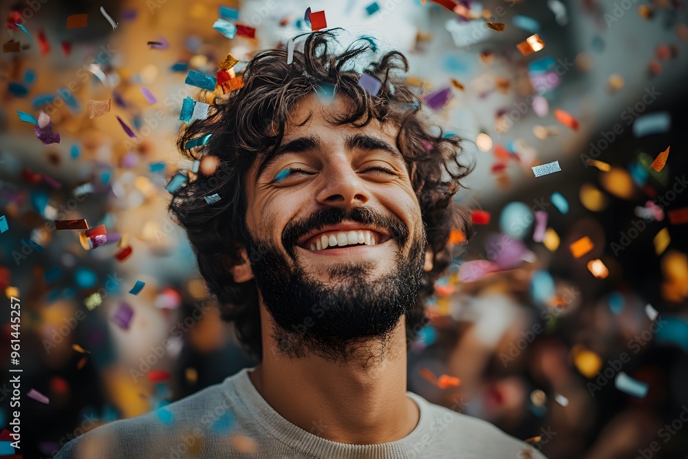 Happy Man Celebrates with Confetti Happy Man Celebrates with Confetti