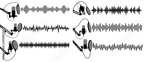 set Professional studio microphone with sound waves icon. condenser microphone recording equipment black silhouettes. radio podcast symbol design vector illustration