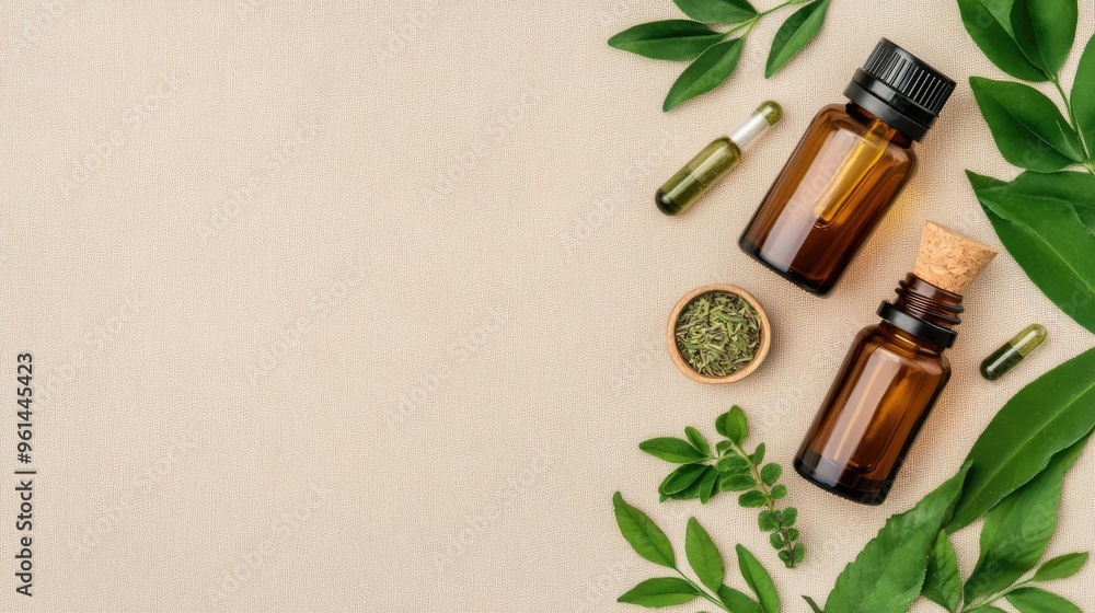 Natural oils and herbs arranged elegantly with green leaves, ideal for wellness and aromatherapy themes. Natural oils and herbs arranged elegantly with green leaves, ideal for wellness and aromatherapy themes.