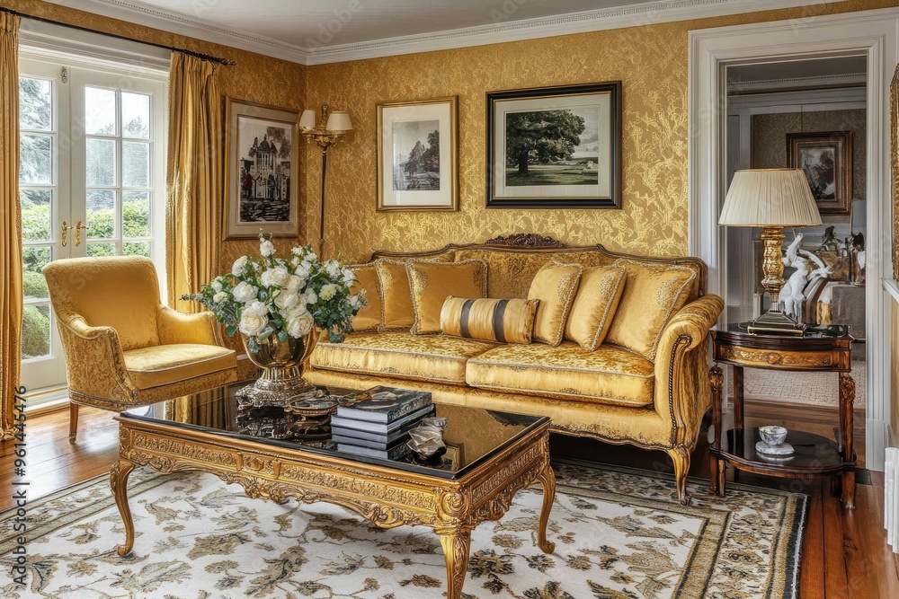 Elegant living room with gold accents, floral decor, and classic furniture. Elegant living room with gold accents, floral decor, and classic furniture.