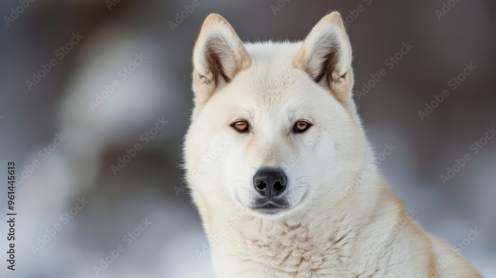 A tight shot of a canine's visage, snow-covered ground in sharp focus foreground, background softly blurred A tight shot of a canine's visage, snow-covered ground in sharp focus foreground, background softly blurred