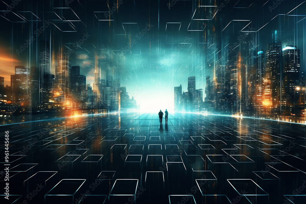 Fototapeta premium Futuristic Urban Horizon with Figures