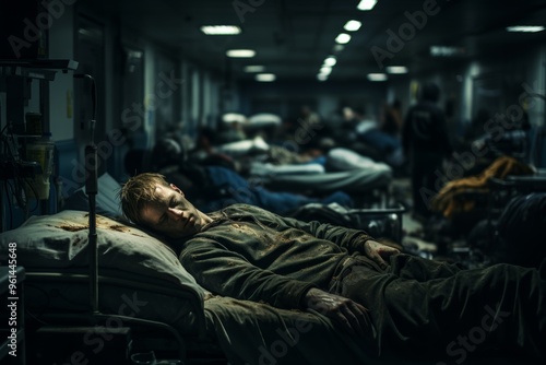 A soldier wounded in battle lies in a bed in a military hospital. The dangers and horrors of war. photo