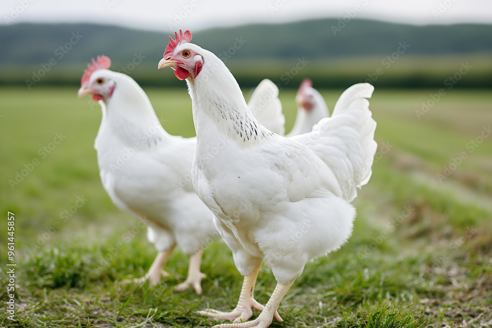A serene white chicken farm featuring pristine White Leghorn and Skyline hens, all ready and active A serene white chicken farm featuring pristine White Leghorn and Skyline hens, all ready and active