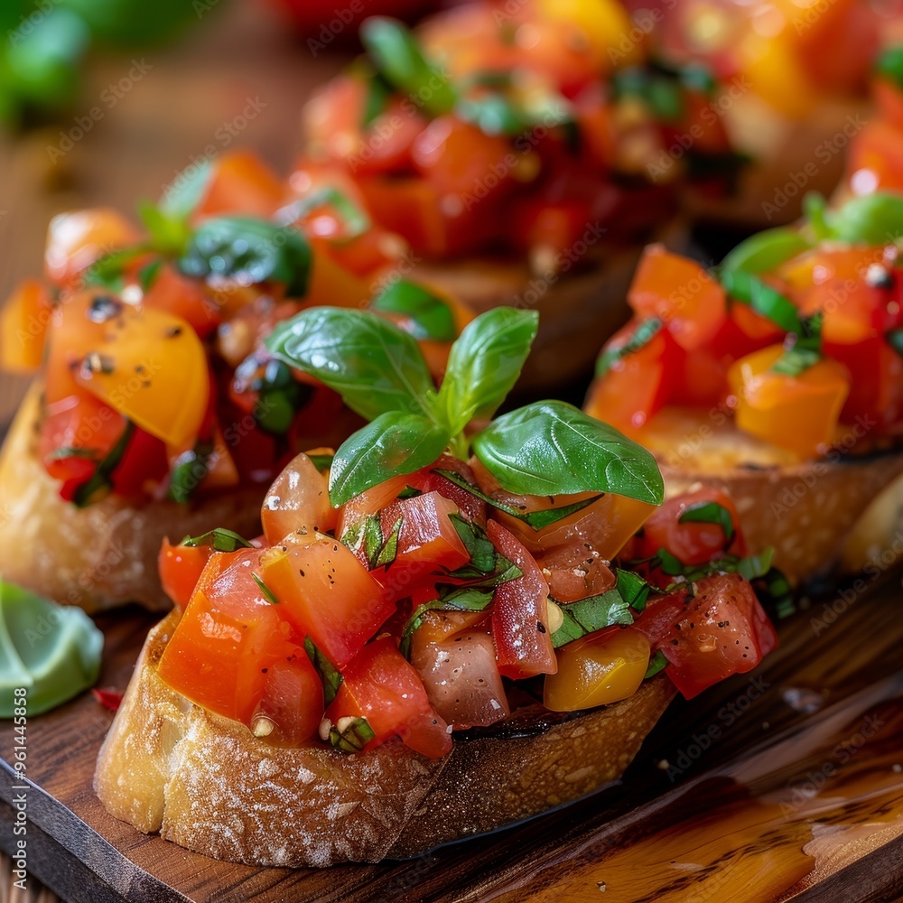 Close Up of Delicious Bruschetta with Fresh Tomatoes, Basil, and Balsamic Glaze on Toasted Bread Close Up of Delicious Bruschetta with Fresh Tomatoes, Basil, and Balsamic Glaze on Toasted Bread