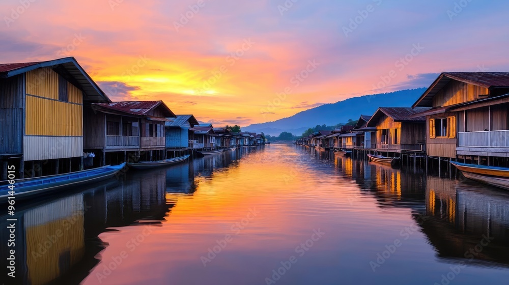 Scenic view of a tranquil river at sunset, featuring colorful houses along the water and mountains in the background. Scenic view of a tranquil river at sunset, featuring colorful houses along the water and mountains in the background.