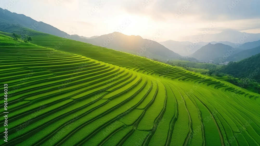 Scenic view of vibrant green rice terraces bathed in golden sunlight, showcasing stunning agricultural landscapes and mountainous backdrop. Scenic view of vibrant green rice terraces bathed in golden sunlight, showcasing stunning agricultural landscapes and mountainous backdrop.