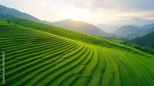 Scenic view of vibrant green rice terraces bathed in golden sunlight, showcasing stunning agricultural landscapes and mountainous backdrop.