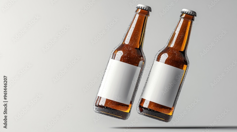 Two Blank White-Labeled Beer Bottle Mockups Floating on Solid Background Two Blank White-Labeled Beer Bottle Mockups Floating on Solid Background