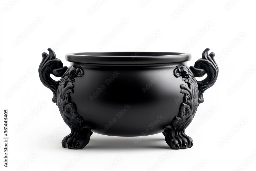 Black ornate cauldron with intricate handles and feet on white background. Black ornate cauldron with intricate handles and feet on white background.