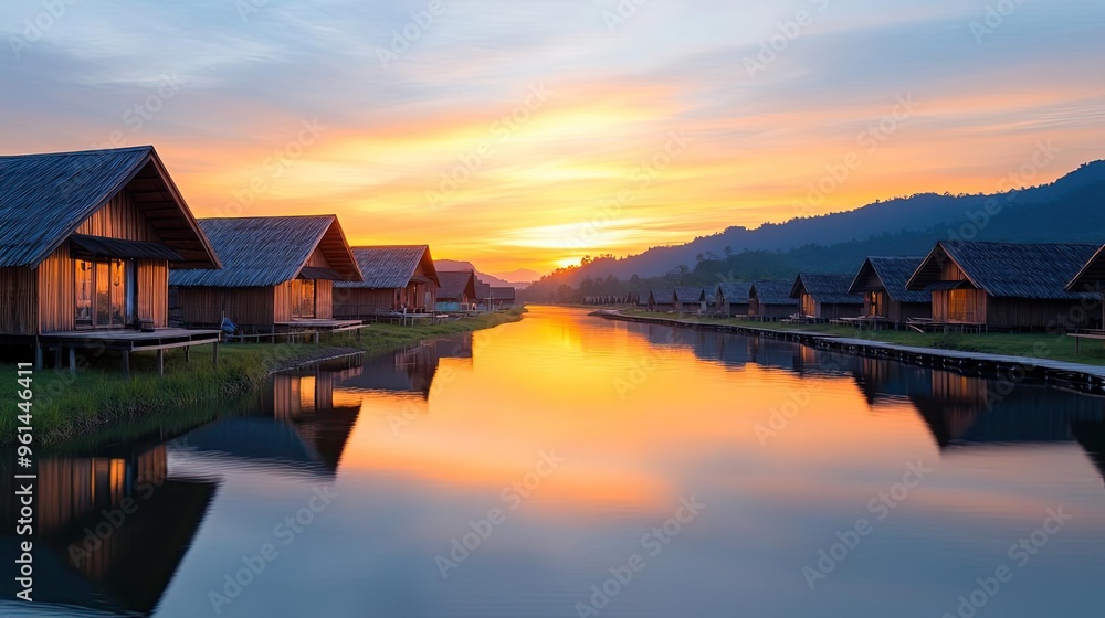 Fototapeta premium Serene sunset over peaceful river reflecting charming cottages, creating a tranquil and picturesque landscape.