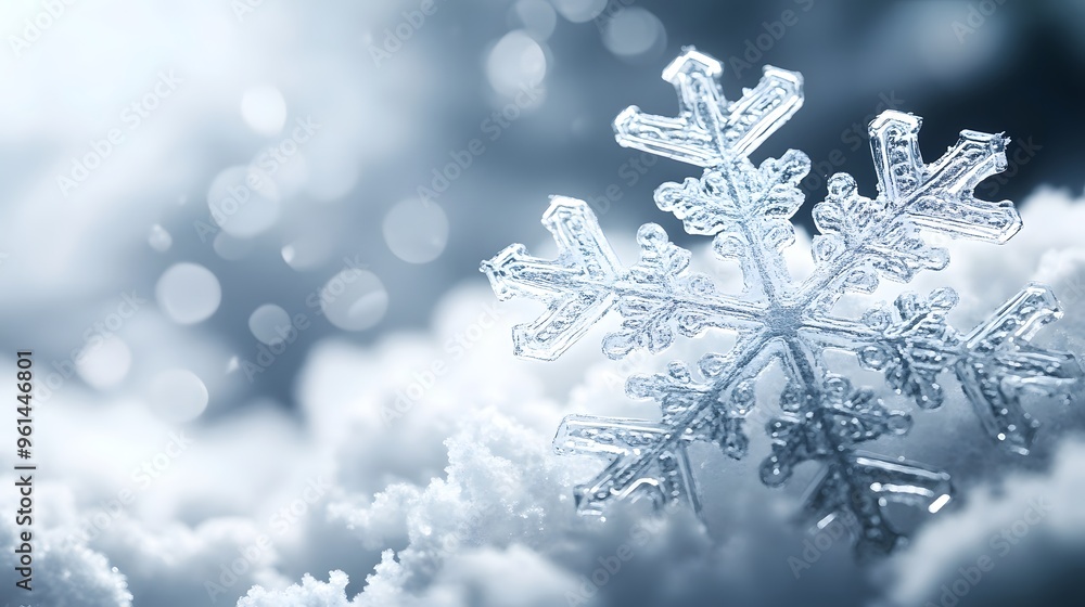 Close Up of Crystal Snowflake on Fresh Snow with Bokeh Background Close Up of Crystal Snowflake on Fresh Snow with Bokeh Background