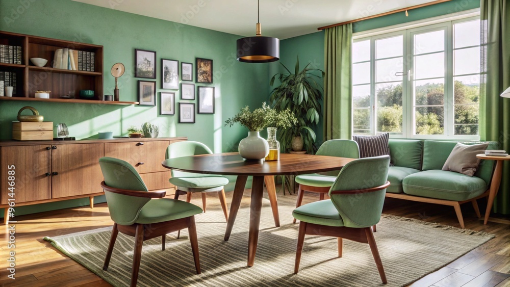 Mint color chairs at round wooden dining table in room with sofa and cabinet near green wall. Scandinavian, mid-century home interior design of modern living room.
Mint color chairs at round wooden dining table in room with sofa and cabinet near green wall. Scandinavian, mid-century home interior design of modern living room.
