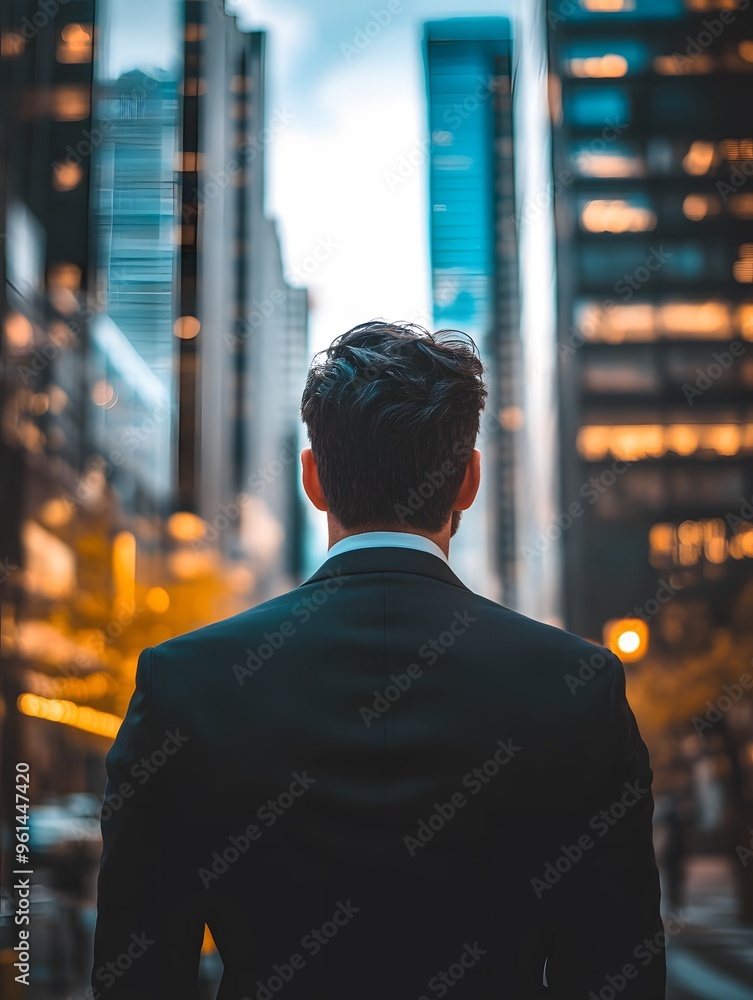 Businessman walking through city street with skyscrapers in background Businessman walking through city street with skyscrapers in background