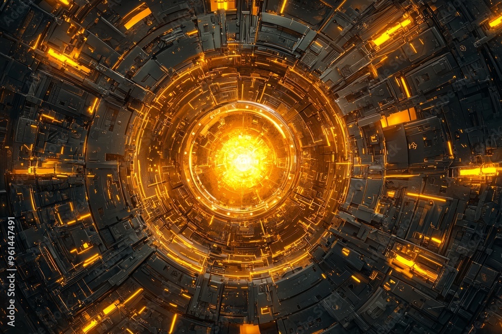 Fototapeta premium A top-down view of an advanced energy core, glowing with golden light and surrounded by intricate circuitry