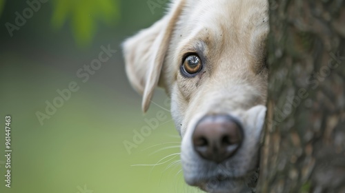  A tight shot of a dog's face emerging from tree bark, background softly blurred