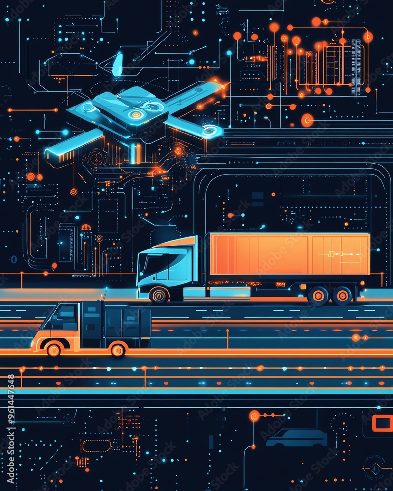 A Flat style illustration of an advanced AI transport system with autonomous drones and selfdriving trucks A Flat style illustration of an advanced AI transport system with autonomous drones and selfdriving trucks