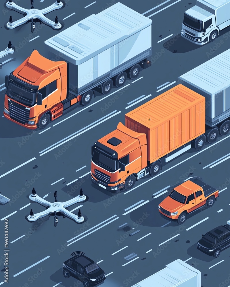 A Flat style illustration of an advanced AI transport system with autonomous drones and selfdriving trucks A Flat style illustration of an advanced AI transport system with autonomous drones and selfdriving trucks