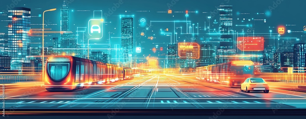 Obraz premium A Flat style illustration of an AIpowered global transport system with autonomous vehicles and smart infrastructure