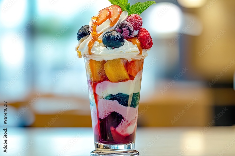A colorful ice cream sundae served in a tall glass, layered with scoops of different flavors, fresh fruits, and whipped cream A colorful ice cream sundae served in a tall glass, layered with scoops of different flavors, fresh fruits, and whipped cream