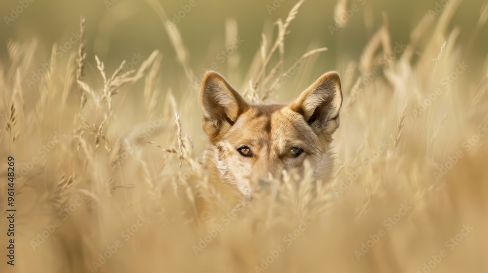 Obraz premium A tight shot of a dog's expressive face amidst a sea of towering grass blades The backdrop is filled with tall, swaying grasses