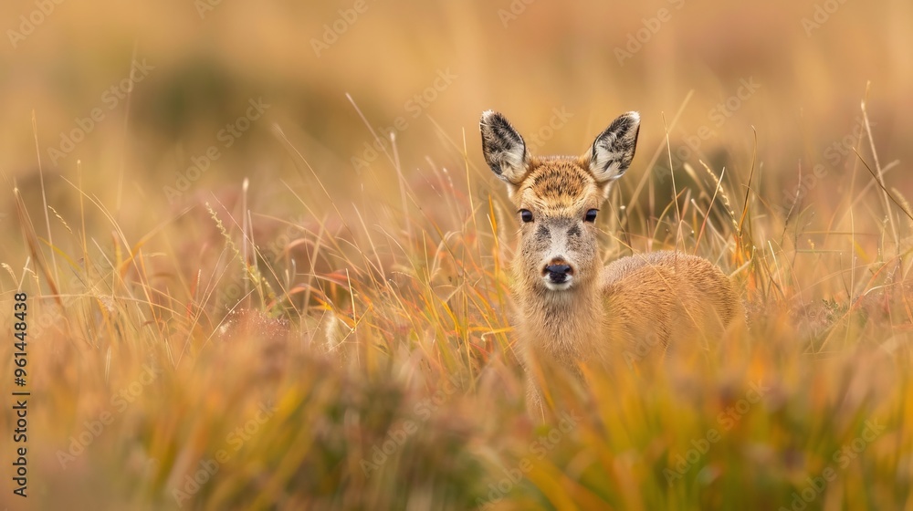 Fototapeta premium A tight shot of a deer in a towering grass field Grass brushes the foreground, background softly blurred