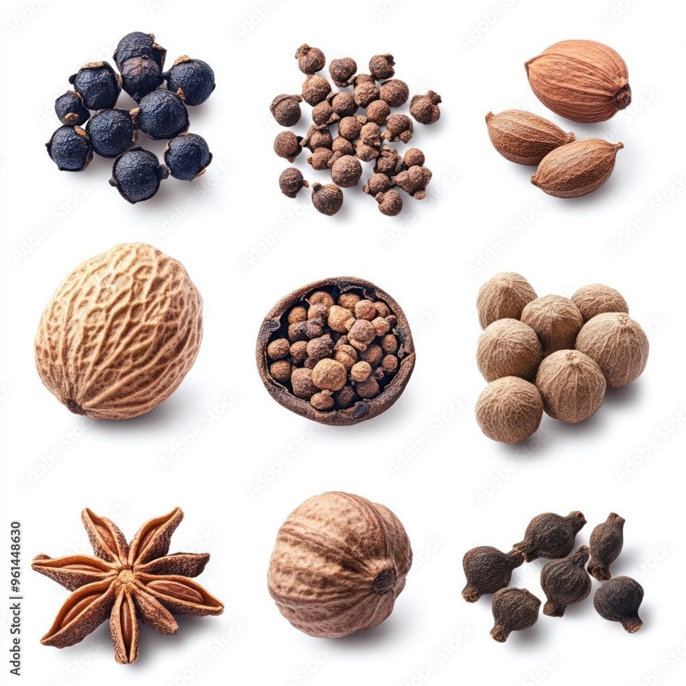 Collection of various spices black peppercorns, allspice, nutmeg, star anise, and grains of paradise. Collection of various spices black peppercorns, allspice, nutmeg, star anise, and grains of paradise.