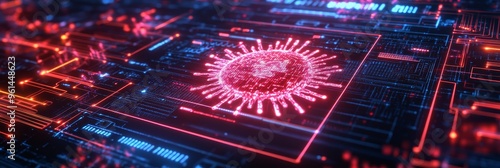 A 3D illustration depicting a digital virus, resembling a coronavirus, infiltrating a circuit board. It symbolizes the threat of cyber attacks, data breaches, and online security risks. photo