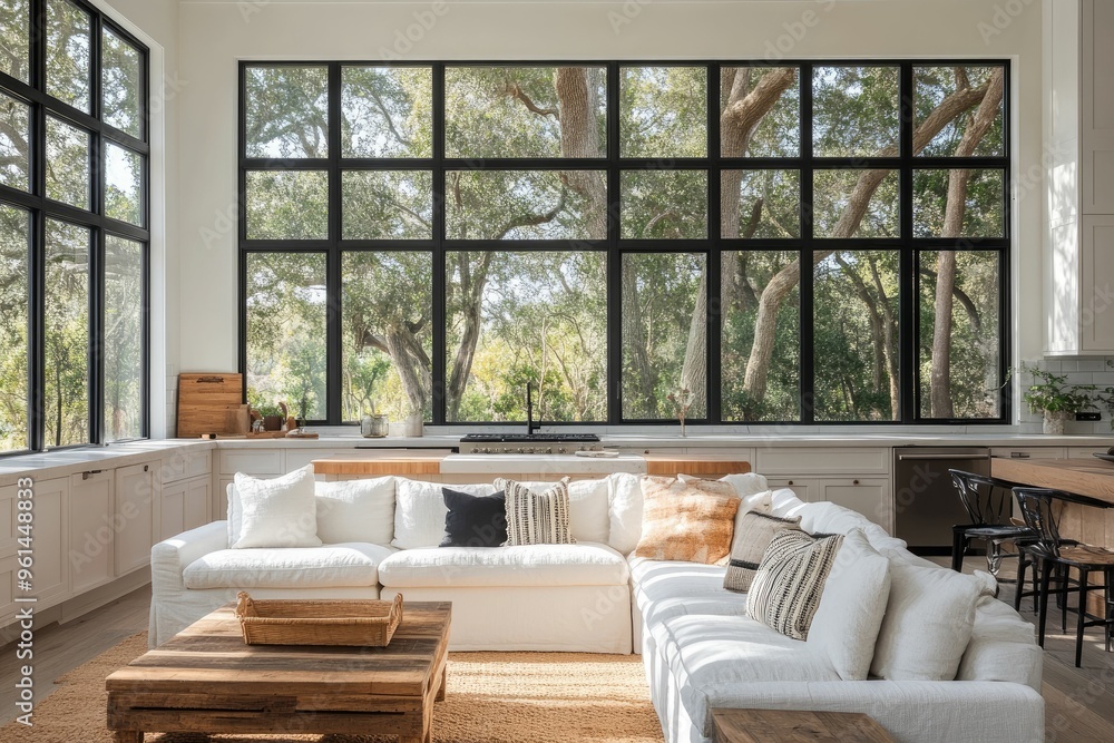 Bright and airy living room with large windows overlooking nature. Bright and airy living room with large windows overlooking nature.