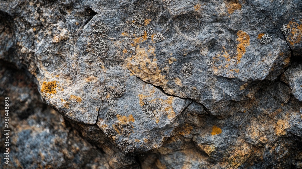 Close-up of textured rock surface with orange lichen. Close-up of textured rock surface with orange lichen.