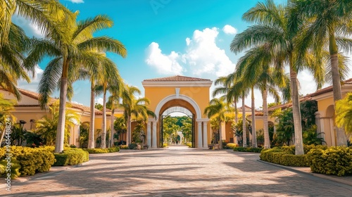 Hotel with magnificent architecture and luxurious decoration with palm trees.