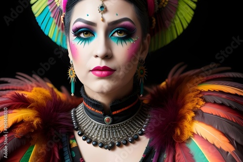 happy beautiful woman, punk style makeup, impasto, fine feather details, bright colours, intricate patterns, plumes, Victorian style, elegant, bold, edgy, fierce, vibrant, classic, rebellious  photo