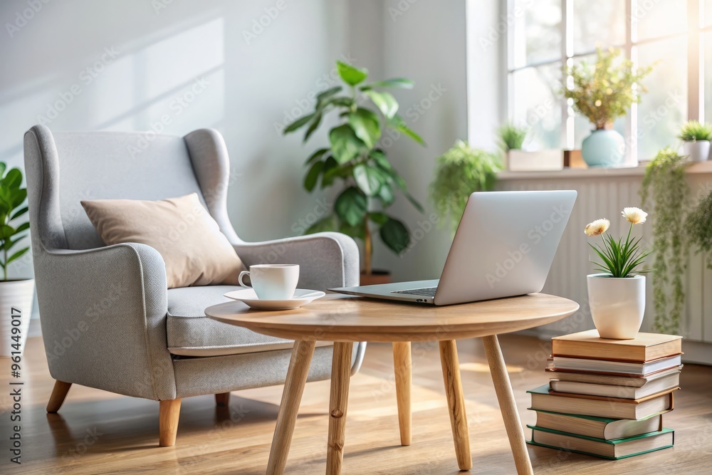 Soft morning light infilled the room, casting awarm glow on the eclectic mix of novels, laptops, and a Soft morning light infilled the room, casting awarm glow on the eclectic mix of novels, laptops, and a