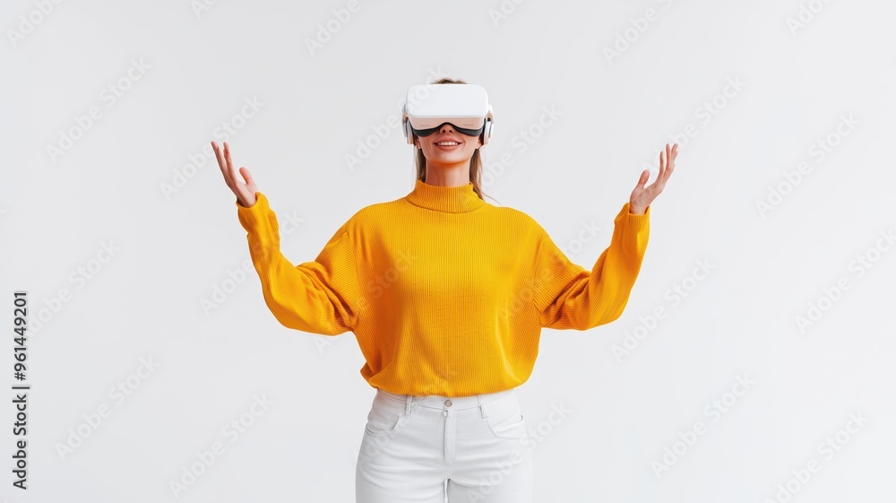 A woman in a yellow sweater enjoys an immersive virtual reality experience, expressing excitement and wonder. A woman in a yellow sweater enjoys an immersive virtual reality experience, expressing excitement and wonder.