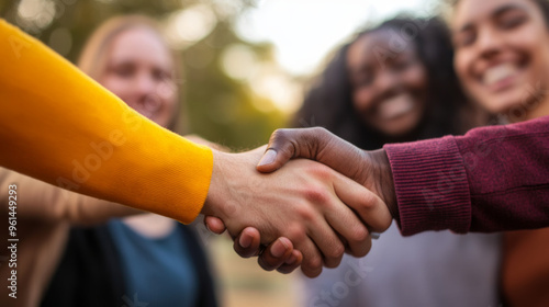 Close-up of diverse team members shaking hands outdoors during team-building activity