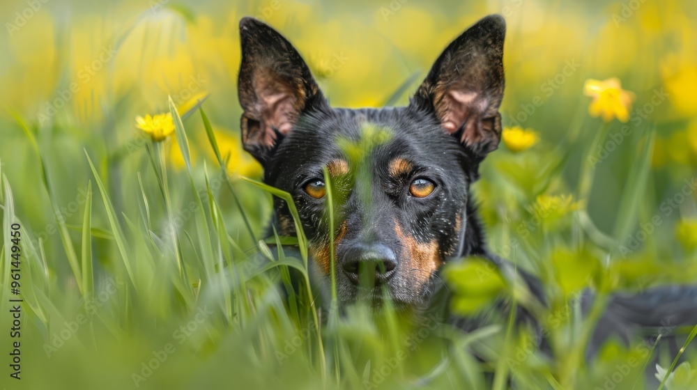 A tight shot of a dog reclining in a field, surrounded by yellow flowers in the foreground, and a softly blurred background A tight shot of a dog reclining in a field, surrounded by yellow flowers in the foreground, and a softly blurred background