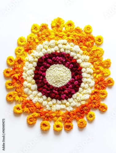 A beautiful and intricate Onam Pookalam flower decoration, a traditional South Indian floral design, crafted with vibrant yellow, orange, white, and red flowers. The arrangement symbolizes prosperity