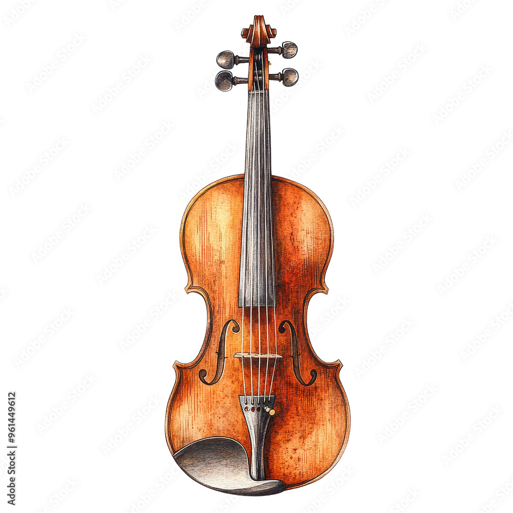 Obraz premium A beautifully crafted wooden violin showcasing intricate details and a rich, warm finish, perfect for music lovers and artists.