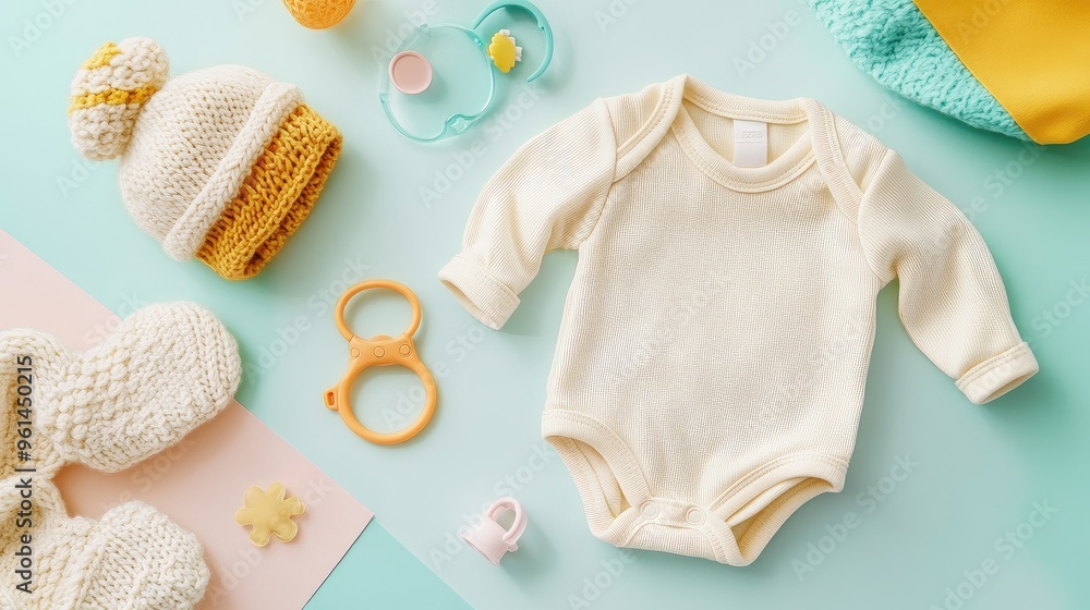 Top view of a baby onesie, soft booties, and a knitted hat, arranged with a pacifier and baby rattle on a pastel background. Top view of a baby onesie, soft booties, and a knitted hat, arranged with a pacifier and baby rattle on a pastel background.