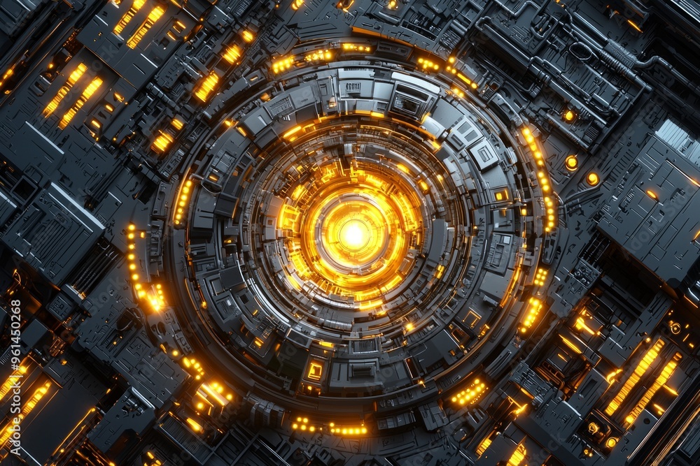A top-down view of an advanced energy core, glowing with golden light and surrounded by intricate circuitry A top-down view of an advanced energy core, glowing with golden light and surrounded by intricate circuitry