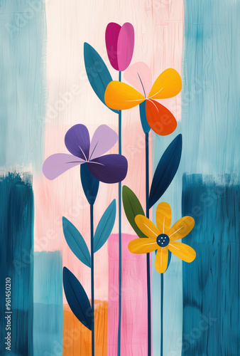 Abstract floral illustration of blooming flowers with vibrant colors and geometric shapes, creating a modern and artistic composition. photo