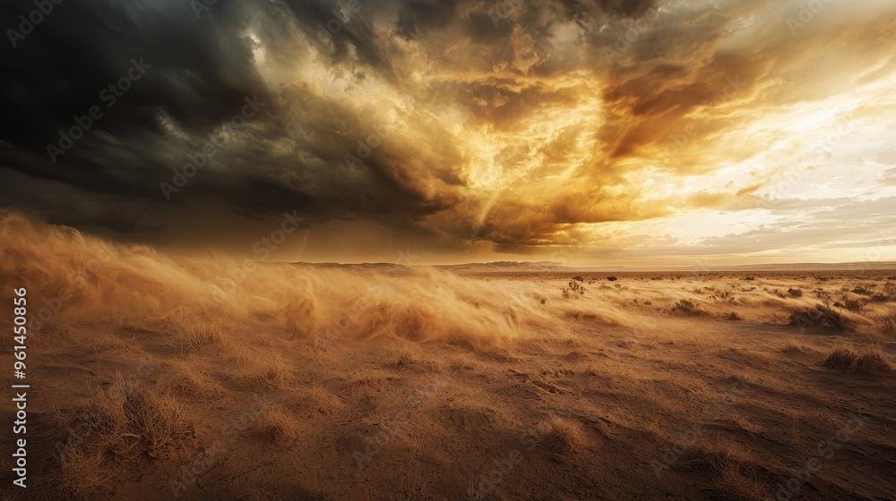 Fototapeta premium Dramatic Desert Sunset with Dust Storm and Golden Clouds