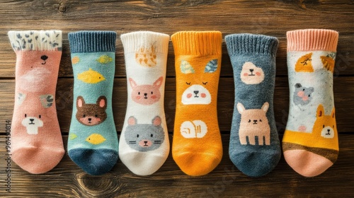 Top view of a collection of childrenas socks with cute animal patterns, displayed on a wooden background. photo