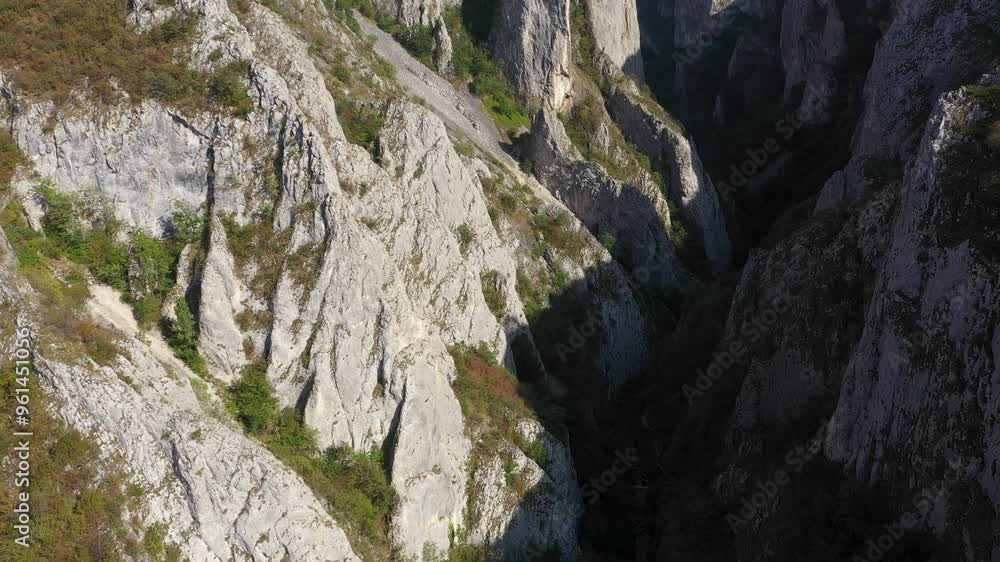 Aerial view of a deep limestone gorge, canyon. Cheile Turzii, Romania Aerial view of a deep limestone gorge, canyon. Cheile Turzii, Romania