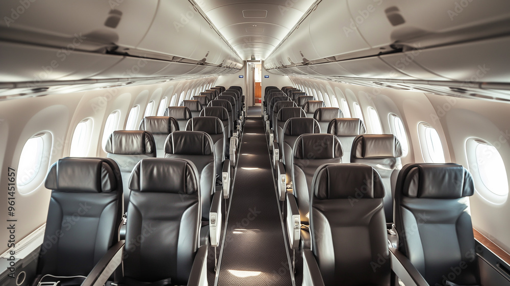 Fototapeta premium Inside of a airplane with empty seats. Transportation concept